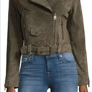 Vigoss Women’s 100% Suede Leather Belted Olive Green Moto Jacket. Zip Pocket .